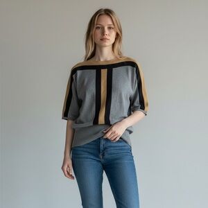 Vintage Cable & Gauge Color block Knit Sweater Short Sleeve Boat Neck M